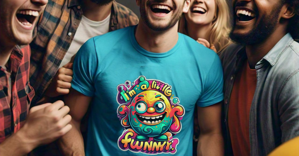 Person wearing a custom funny t-shirt, showcasing humor and creativity.