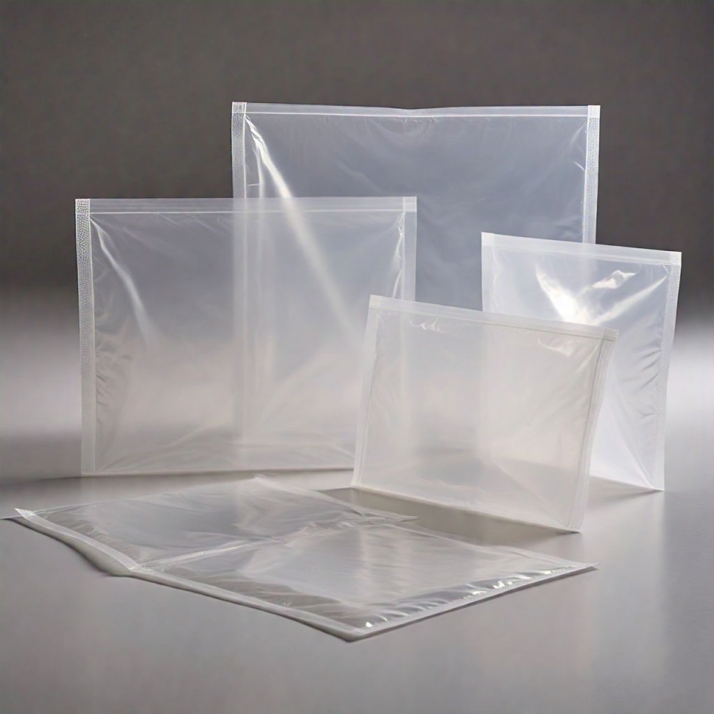 Clear poly mailers in varying sizes, showcasing their transparent texture and design