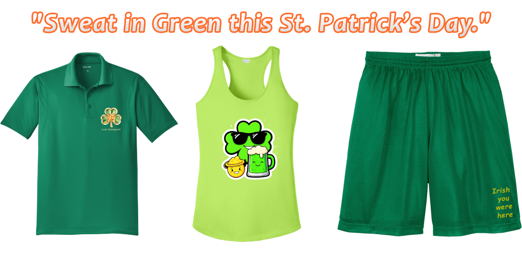 Custom St. Patrick’s Day athletic wear featuring a bold designs, perfect for adding festive flair to your workout gear