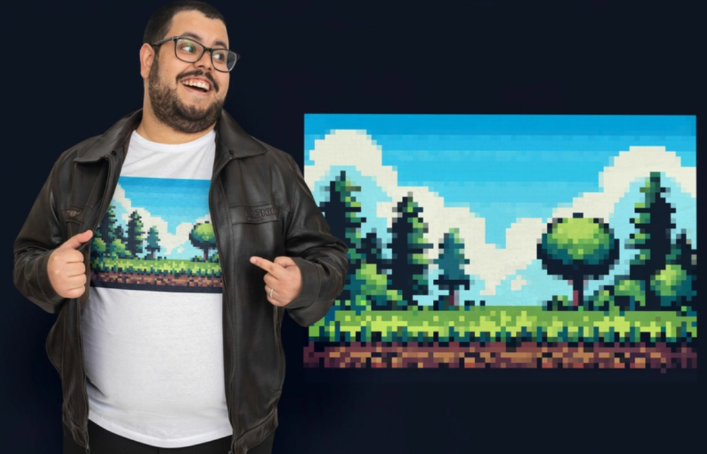 Retro 8-bit art design trend with pixelated graphics for print-on-demand in 2025