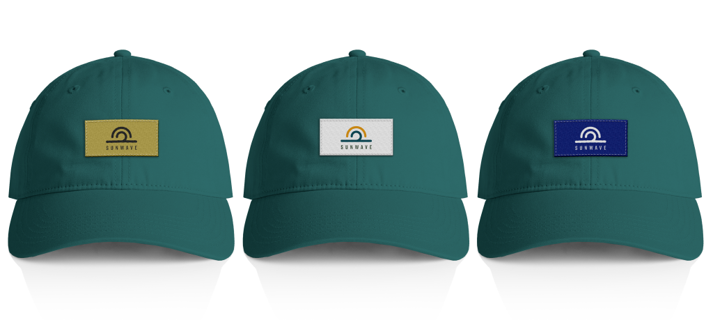 Front crown woven label placement for custom hat branding.