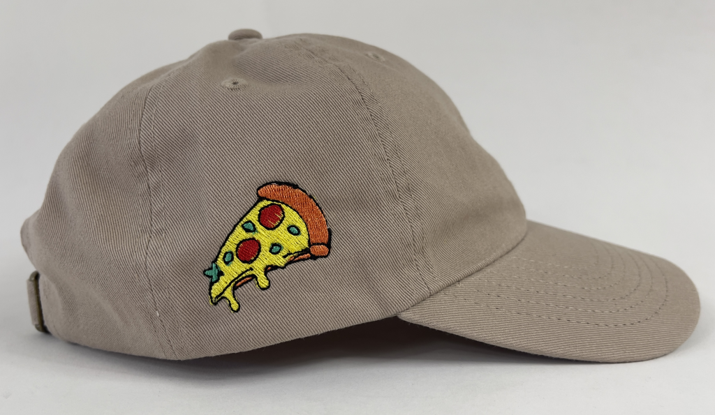 Custom cap with side embroidery featuring a fun pizza slice design for a trendy, personalized look