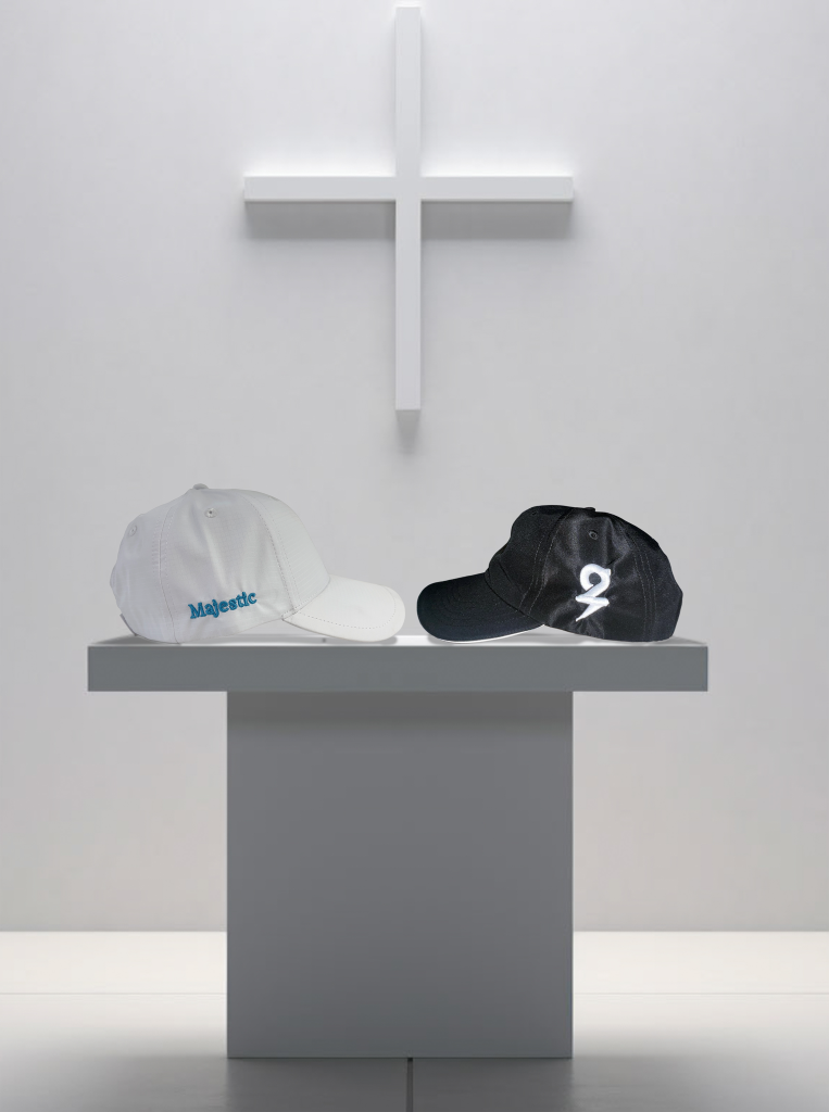 Two custom hats displayed side by side, highlighting detailed side embroidery for personalized streetwear style.