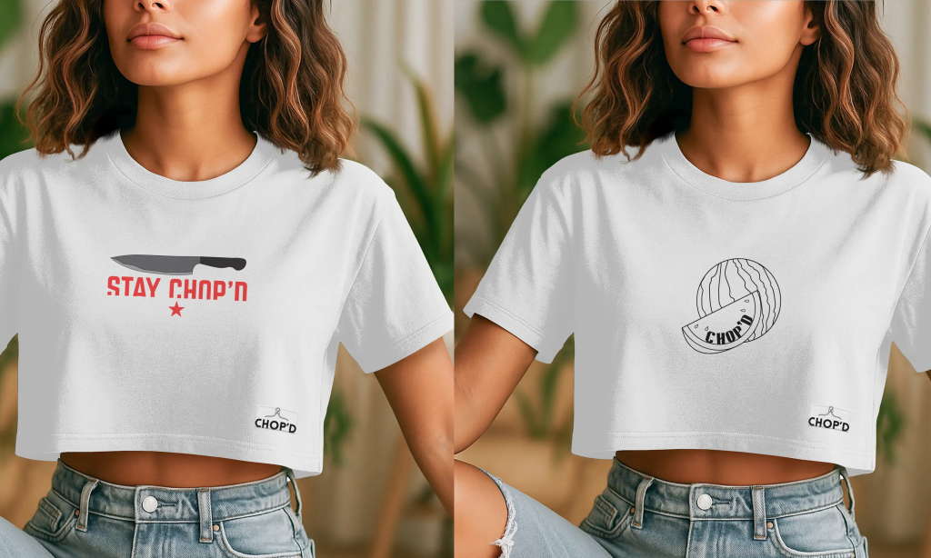 Custom crop top mockups with custom print and woven label