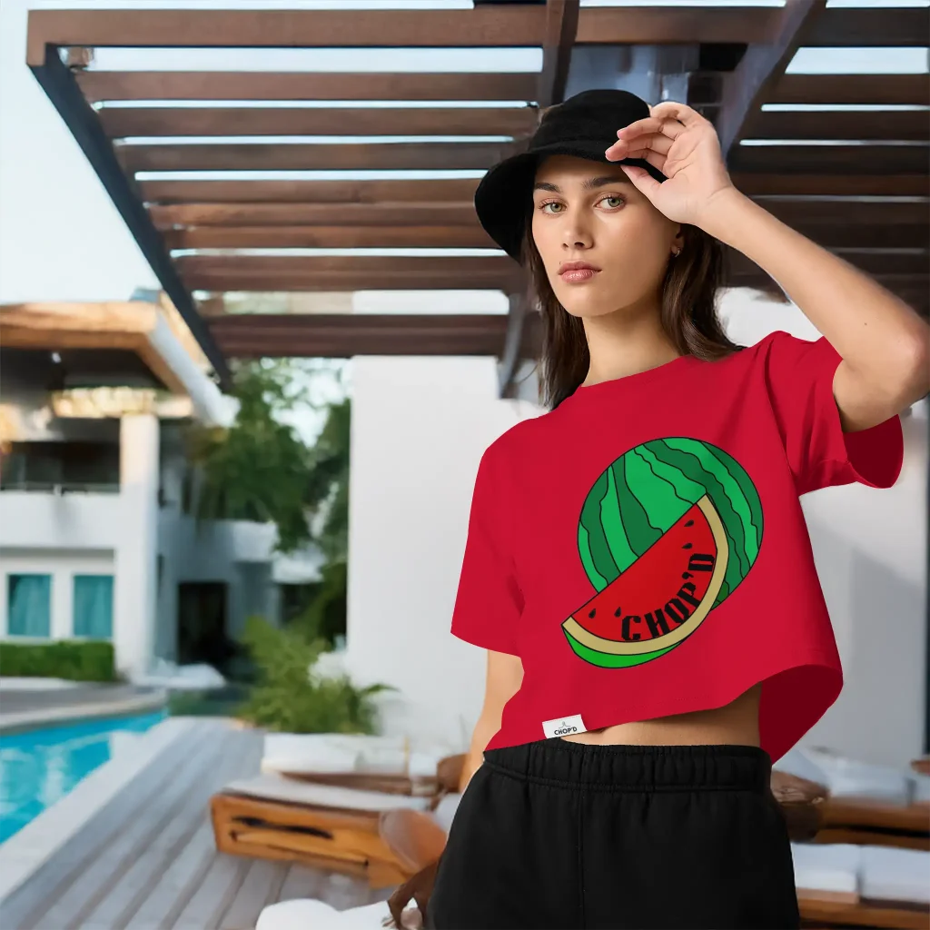 Custom crop top mockup featuring red crop top with watermelon slice design