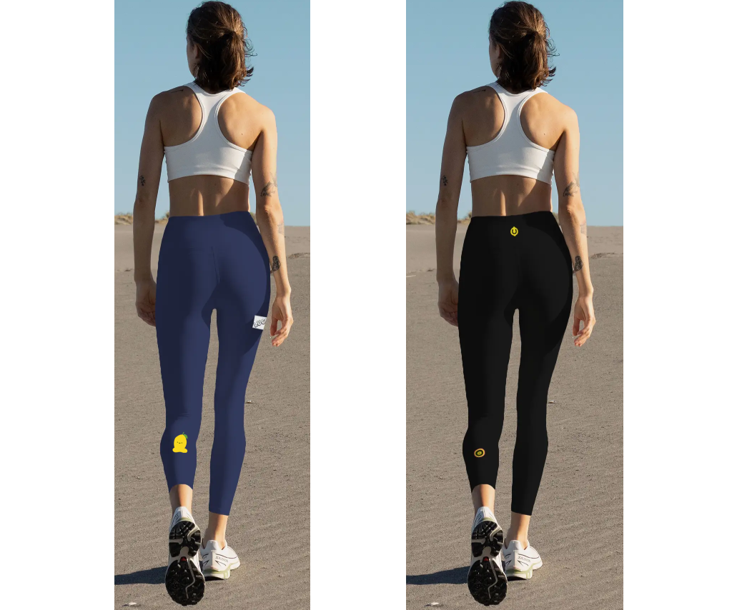 Custom print on demand leggings with logo placement on back leg, designed by Apliiq