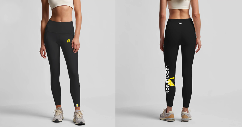 Custom yoga pant mockup showing vertical logo placement down the leg