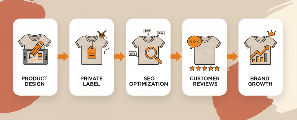 how Etsy fashion brands grow, featuring product design, private labeling, SEO optimization, customer review impact, and long-term brand expansion