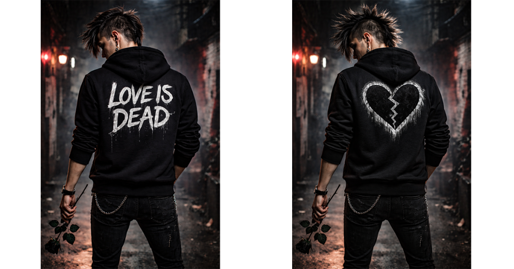 Anti-Valentine’s Day black apparel with rock-inspired aesthetic