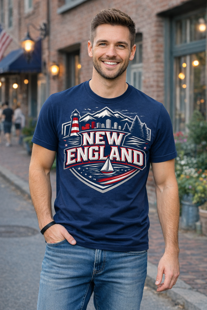 Man wearing a New England T-shirt in nautical blue, red, white, and silver colors showing city pride during the Super Bowl