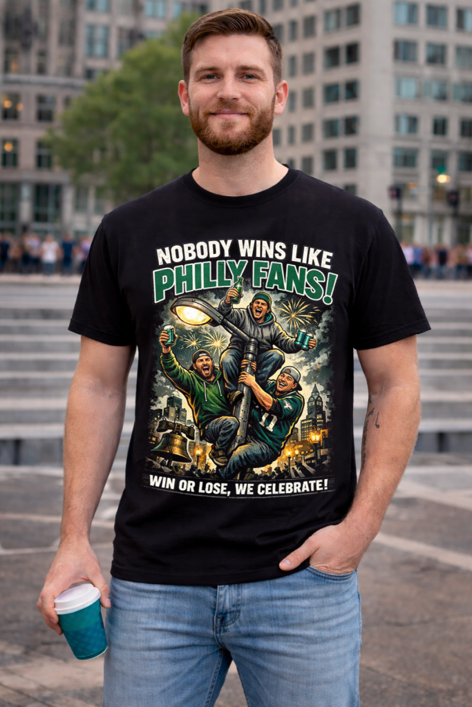 Philly fans climbing a light pole holding beer after a Super Bowl game