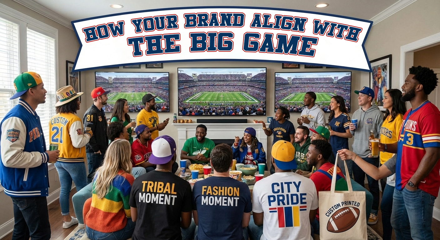 Group of fans sitting together and watching the big game at a watch party, wearing casual game day apparel and fan gear