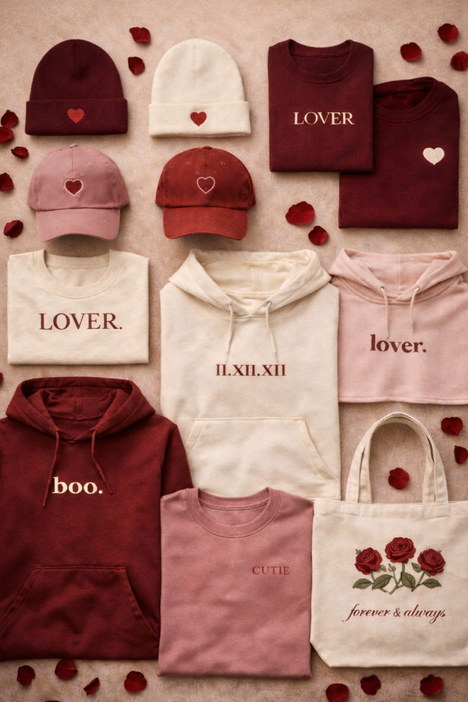 Classic Valentine’s Day clothing design for brands, traditional love-inspired apparel