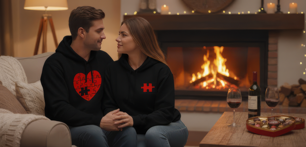 Matching Valentine’s Day apparel for couples or friends, coordinated clothing designs