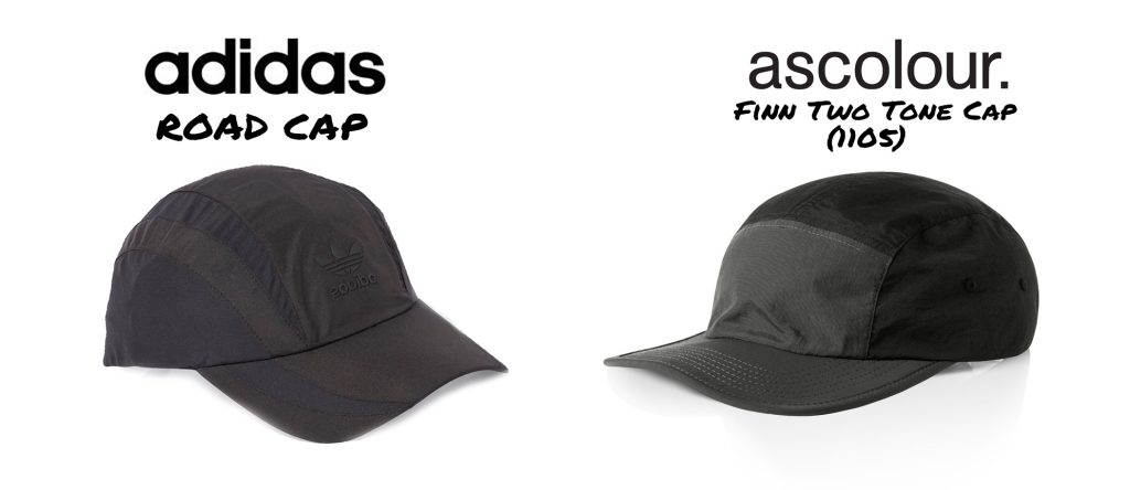 Adidas Road Cap with custom logo and AS Colour Finn Two Tone Cap with rebranding for structured sportswear headwear.