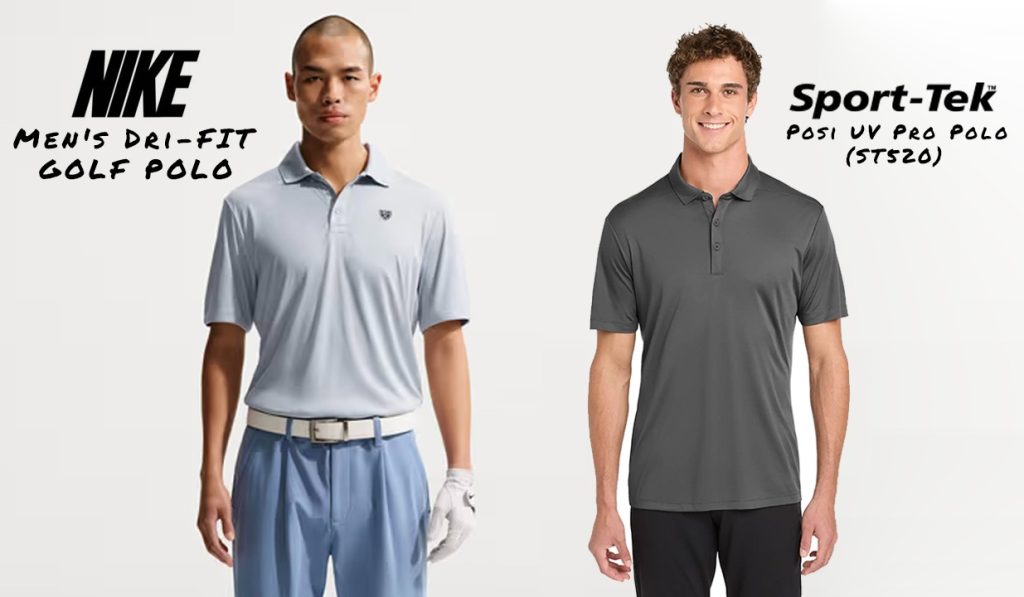Blue Nike Dri-FIT golf polo with glove and gray Sport-Tek Posi UV Pro Polo for performance sportswear branding.
