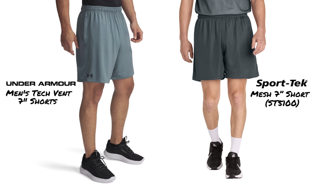 Under Armour gray athletic shorts and Sport-Tek dark mesh performance shorts for breathable team sportswear.
