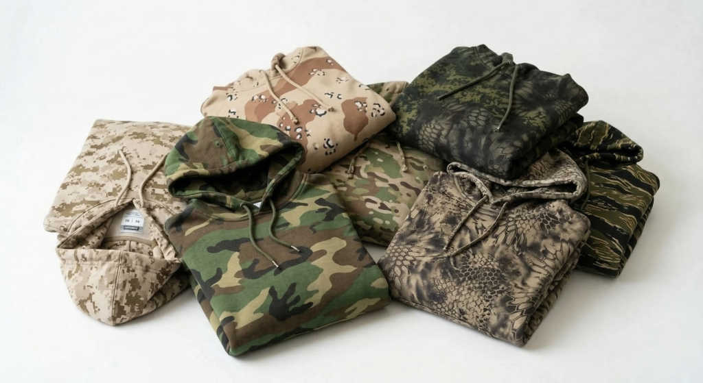 Collection of camo hoodies with woodland, desert, and digital camouflage patterns for hiking, camping, and outdoor lifestyle.