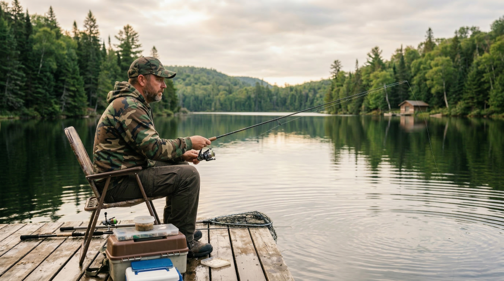 camouflage outdoor apparel fishing on a lakeside dock surrounded by forest, peaceful outdoor adventure lifestyle.