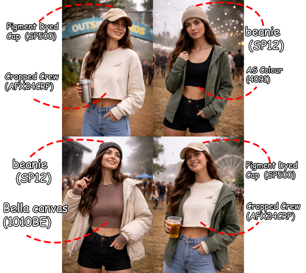 Outside Lands festival outfit with hat, crop top, and cropped crewneck for layered San Francisco style