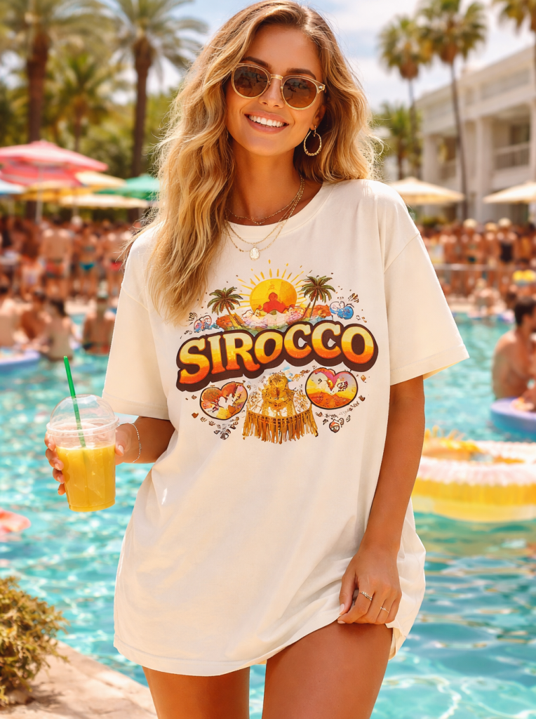 Oversized t-shirt outfit for Splash House festival, perfect for poolside and summer party style