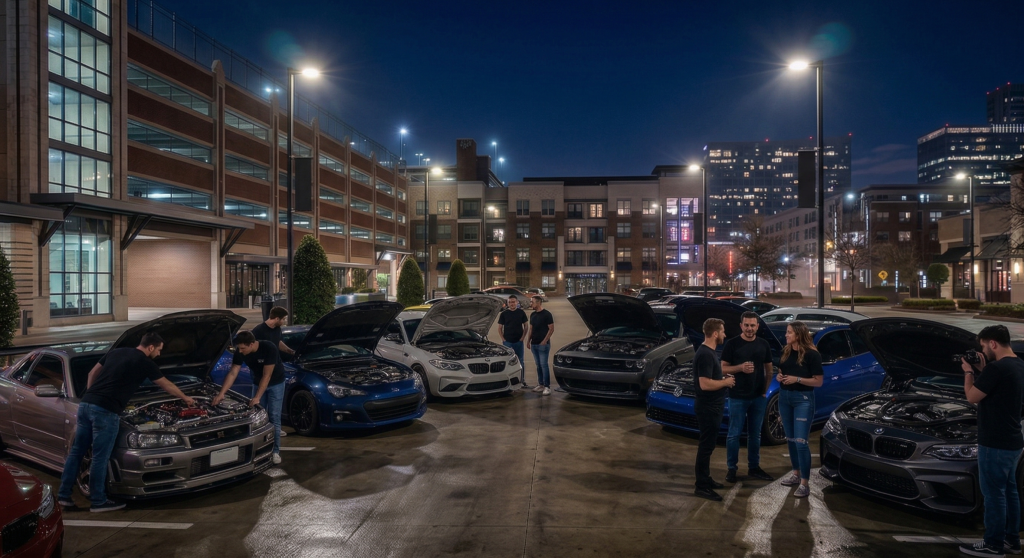 A realistic nighttime car meet in a modern urban parking lot where a group of enthusiasts, wearing matching black streetwear t-shirts, are gathered around a semi-circle of performance sports cars with their hoods open.