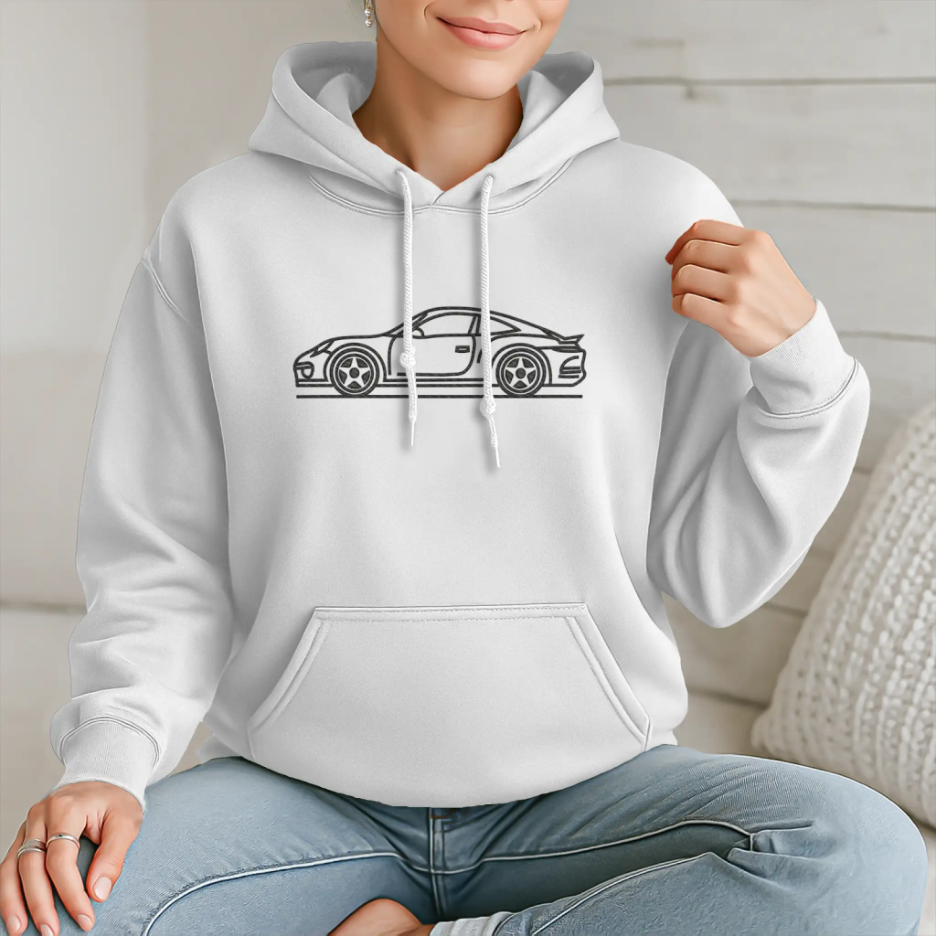Porsche car graphic hoodie showing minimal automotive design for lifestyle and daily wear