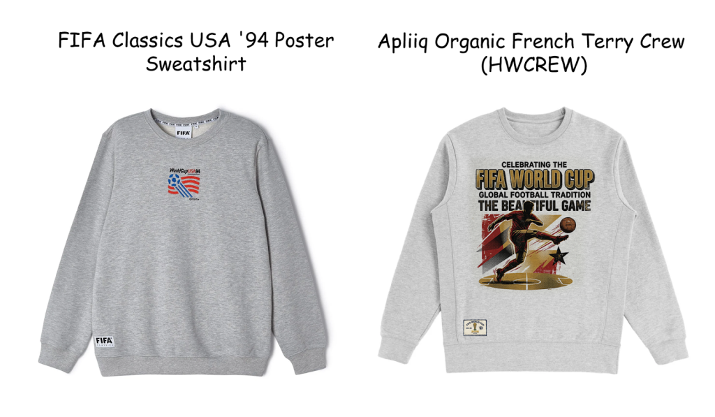 FIFA sweatshirt designs featuring USA 1994 World Cup poster style and modern FIFA graphic on organic French terry crewneck