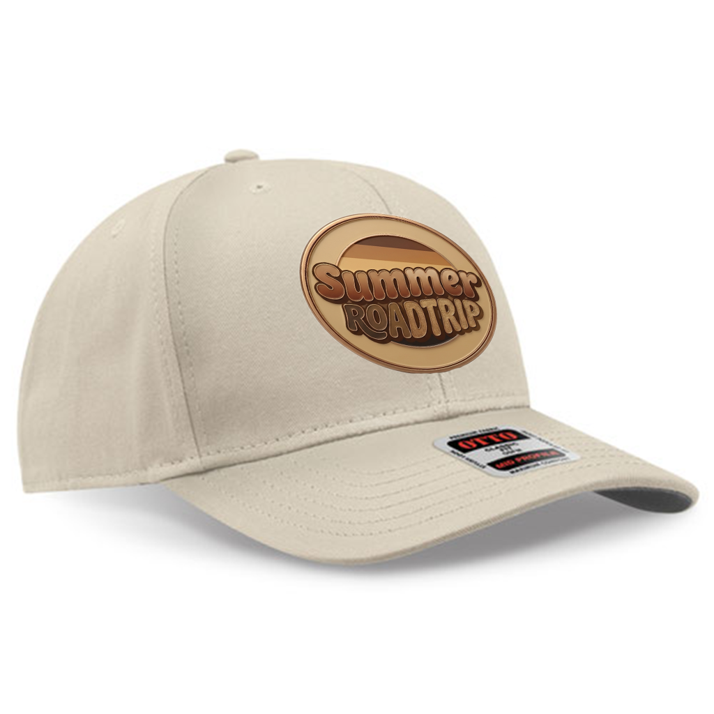 Beige mid-profile baseball cap (27-1235) with “Summer Roadtrip” logo in brown text on the front and a visible brand tag on the brim, casual summer-style accessory.