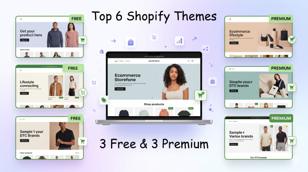 Six Shopify themes categorized as free and premium on a modern ecommerce interface top 6 shopify themes