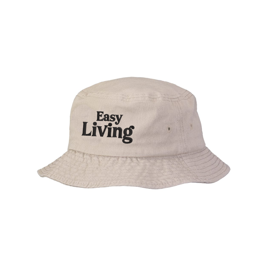 Beige classic cotton bucket hat (2050) with “Easy Living” in bold black lettering on the front, relaxed casual style.