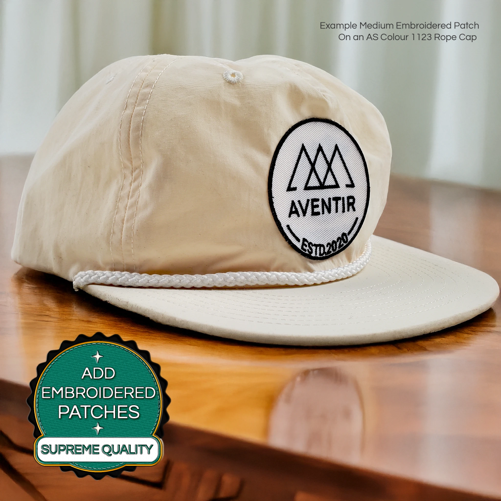 Cream rope cap (1123) with embroidered “Aventir” mountain patch and “ESTD 2020,” plus a badge highlighting embroidered patches and premium quality.
