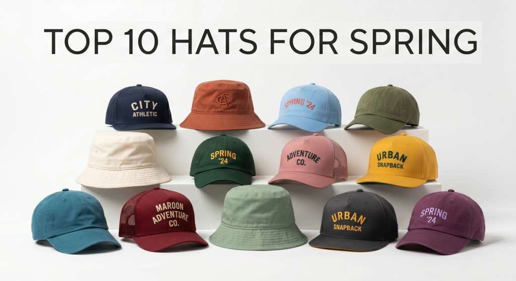 Top 10 stylish spring hats arranged creatively on a clean white background, featuring a mix of colorful caps, trendy bucket hats, and lightweight seasonal headwear in pastel shades, neutrals, and bold hues—perfect for spring fashion inspiration, casual outfits, and sunny weather accessories.