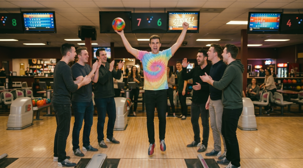 Man wearing a colorful tie-dye t-shirt jumping with a bowling ball at a lively bowling alley surrounded by cheering friends, featured in Apliiq’s summer tie-dye tee mockups collection.