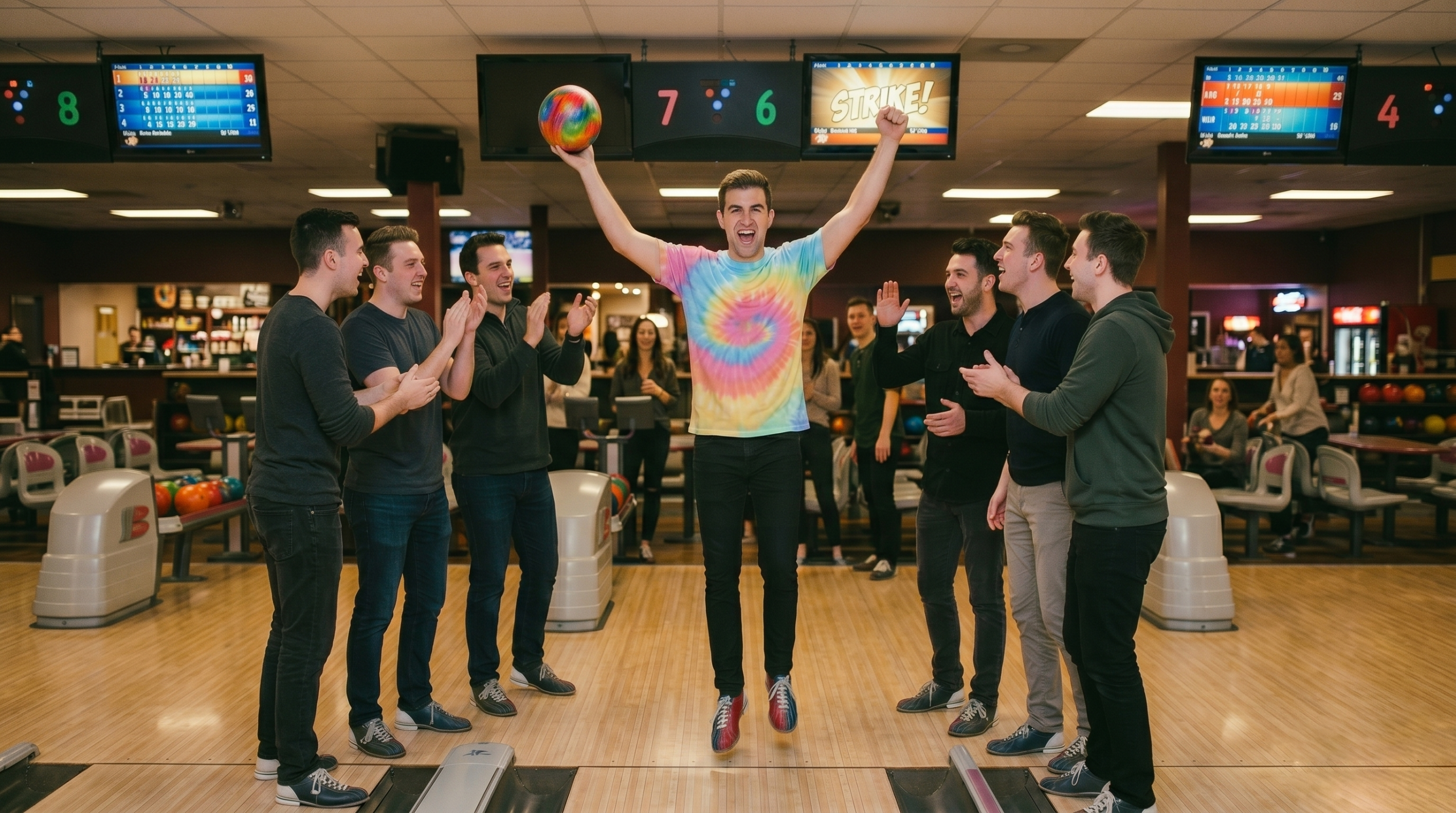 Man wearing a colorful tie-dye t-shirt jumping with a bowling ball at a lively bowling alley surrounded by cheering friends, featured in Apliiq’s summer tie-dye tee mockups collection.