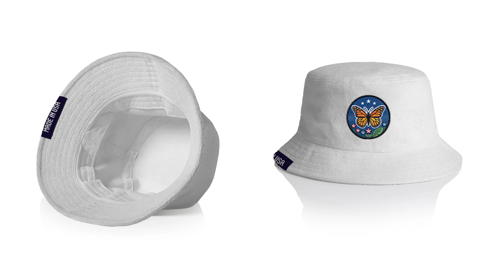 Apliiq bucket hat mockup with front patch and folded woven label on brim