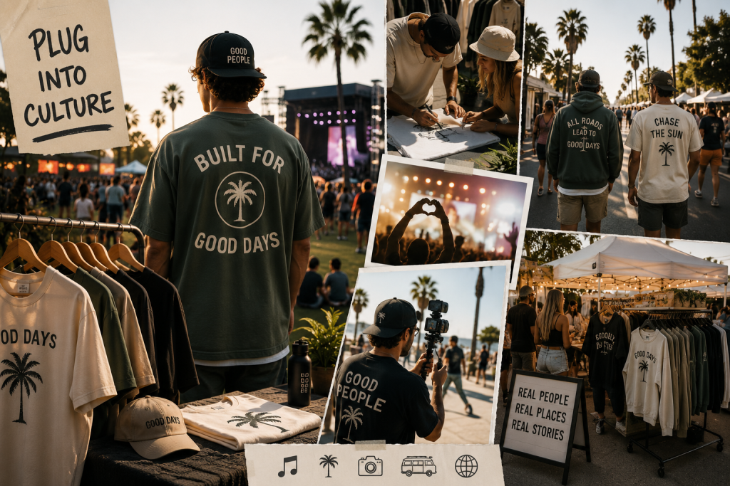 Summer festival streetwear collage featuring custom t-shirts, hoodies, hats, and lifestyle apparel with outdoor market and live music vibes.