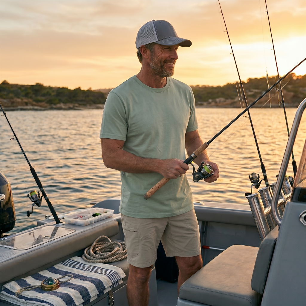 Fisherman Crowd tee, shorts, duffle bags, and trucker hats are available on Apliiq for custom embroidery, DTF printing , woven label and private label services 