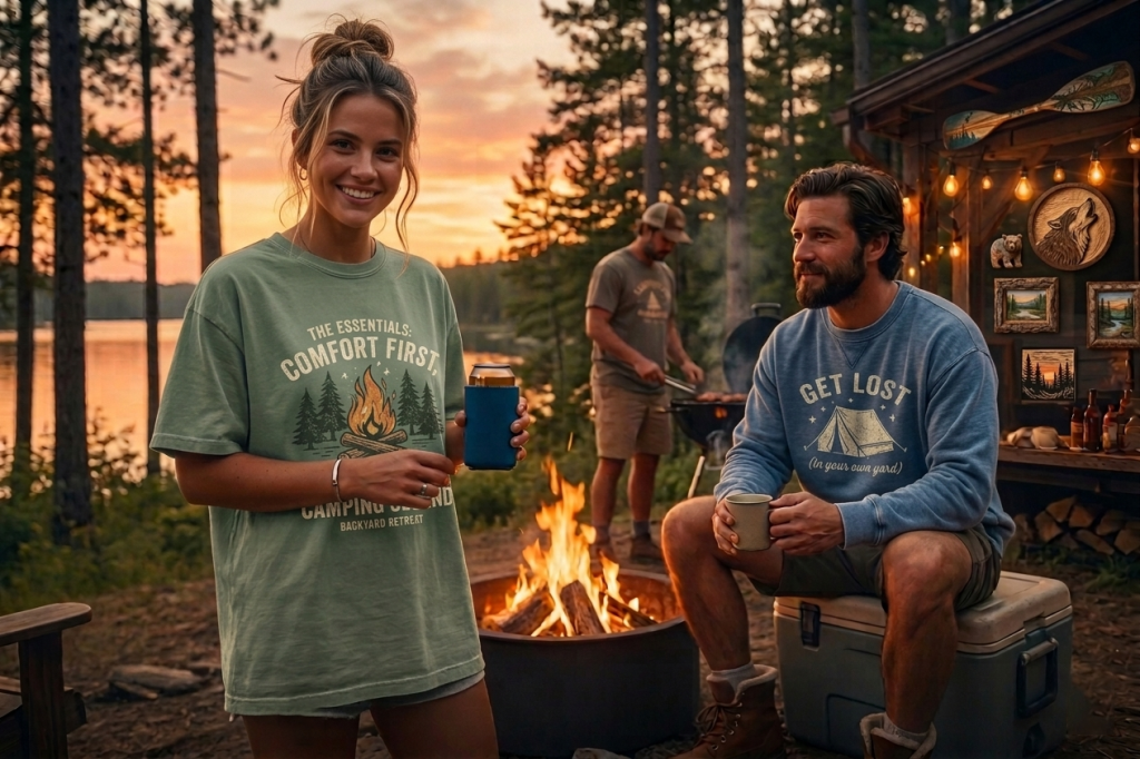 Friends enjoying a cozy lakeside campfire at sunset, relaxing in casual outdoor apparel while grilling food and sharing drinks by the fire.
