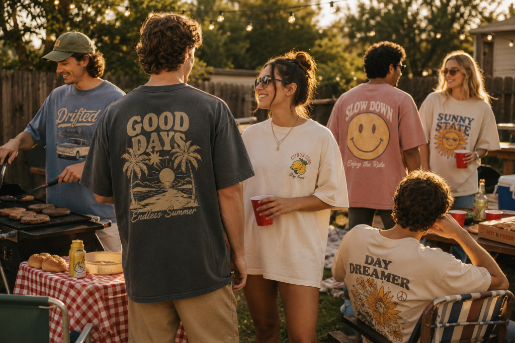 Friends enjoying a summer outdoor barbecue in casual graphic t-shirts, holding red cups and relaxing under string lights with a fun backyard party vibe.
