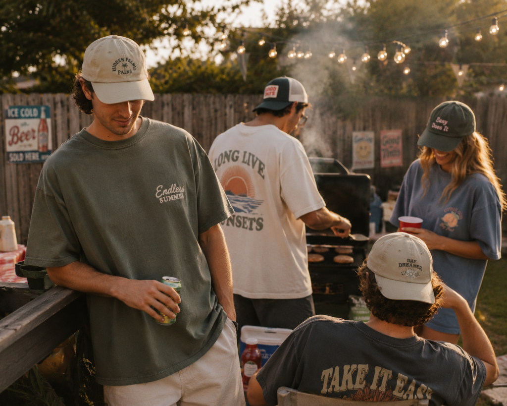 Friends enjoying a relaxed backyard BBQ in casual caps and t-shirts, chatting by the grill with burgers cooking under warm string lights.