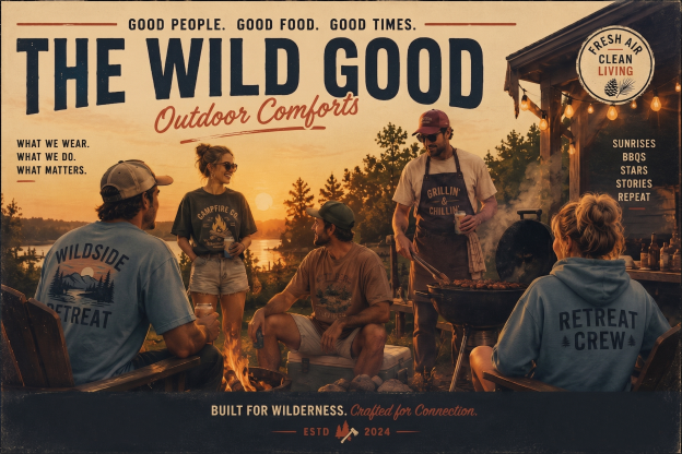 A group of friends relaxes by a fire with BBQ at sunset, wearing casual outdoor attire. Keywords include wilderness, connection, and outdoor comforts.