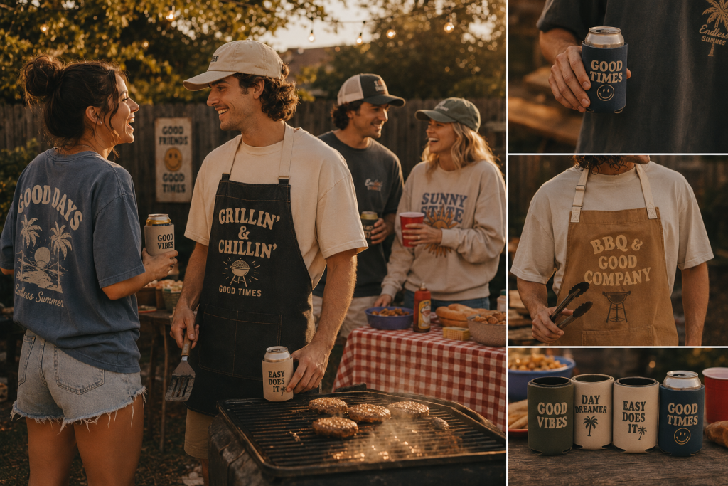 Friends grilling burgers at a backyard BBQ, wearing casual graphic shirts and aprons while enjoying drinks, snacks, and a relaxed summer outdoor party.
