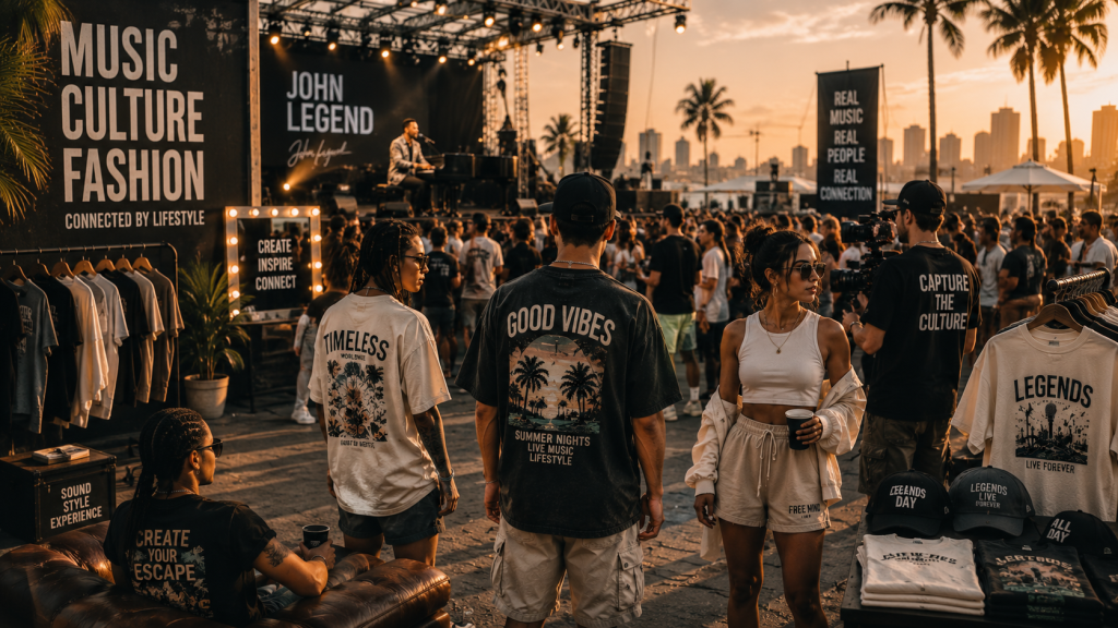 Crowd at an outdoor summer music festival watching a live concert at sunset, featuring casual streetwear, festival fashion, palm trees, city skyline, and trendy summer outfits.