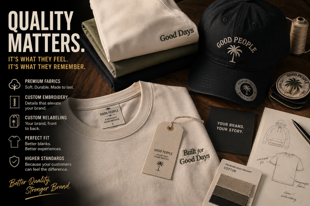 Premium custom apparel featuring heavyweight t-shirts, embroidered hats, custom branding, and quality streetwear essentials.