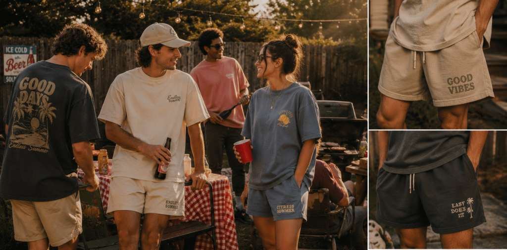 Friends enjoying a casual summer outdoor gathering in comfortable custom graphic shorts and relaxed apparel, laughing together near a picnic table.