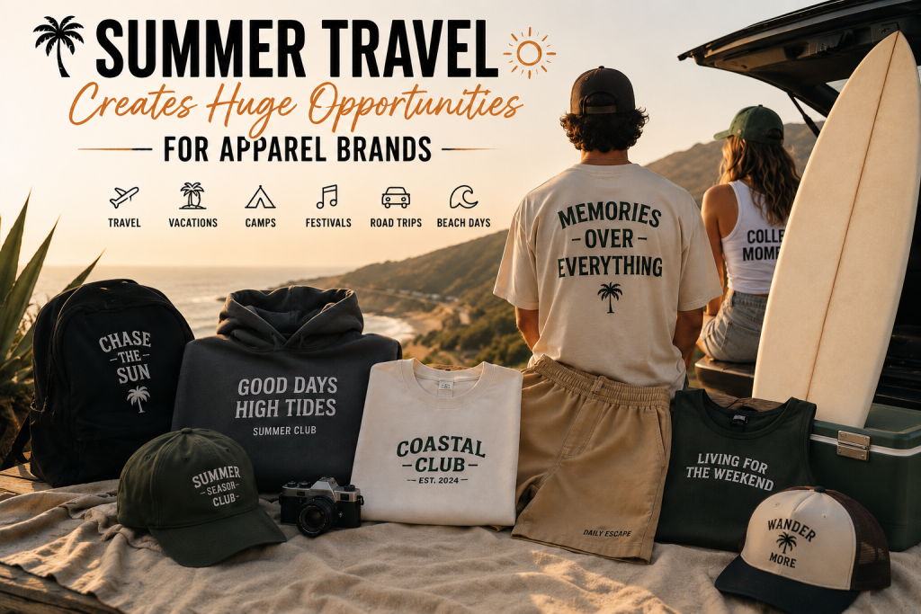 Custom summer travel essentials from Apliiq including custom hoodies, t-shirts, hats, shorts, sweatpants, and tank tops with premium printing and embroidery for streetwear and summer apparel brands.