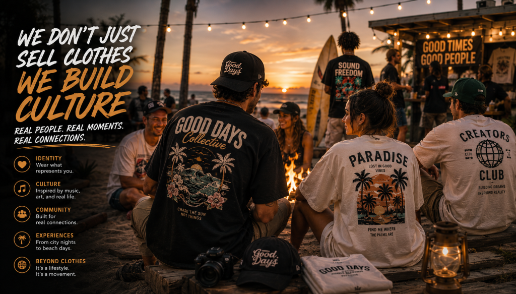 Friends in nature-inspired graphic tees relaxing outdoors at sunset with palm trees, showcasing casual streetwear and summer fashion.