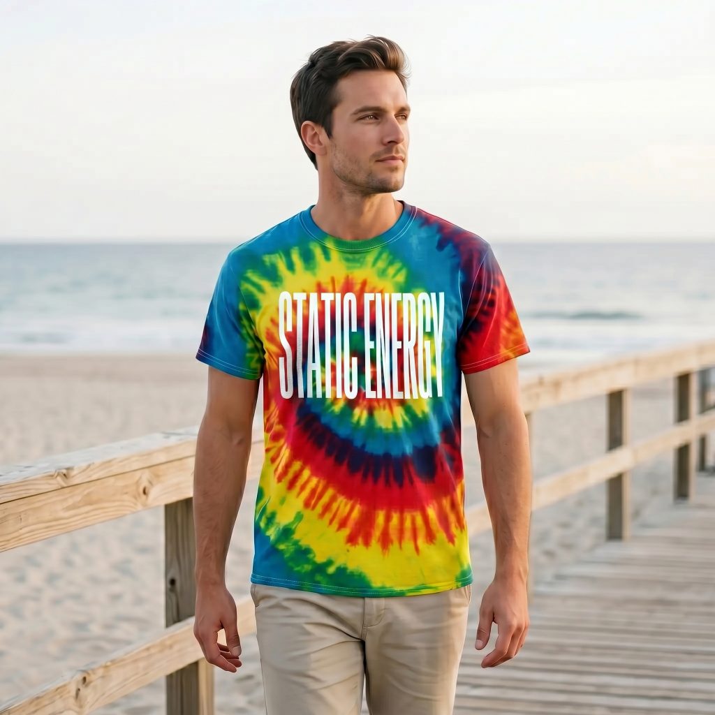 Man wearing a reactive rainbow tie-dye “STATIC ENERGY” t-shirt (CD100) walking on a beach boardwalk with ocean views.