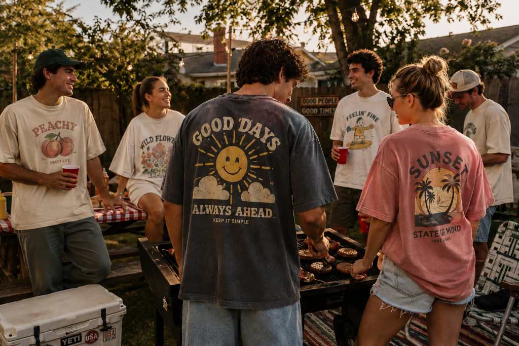 Friends enjoying a backyard barbecue in casual graphic t-shirts, grilling burgers and holding drinks with a fun, relaxed summer party atmosphere.